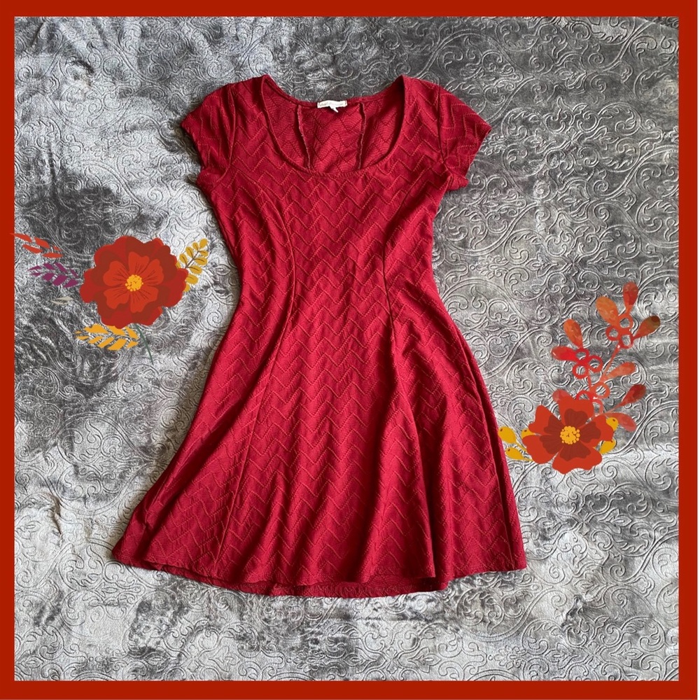 Deep Red Fit&Flare Skater Dress w Chevron Detail